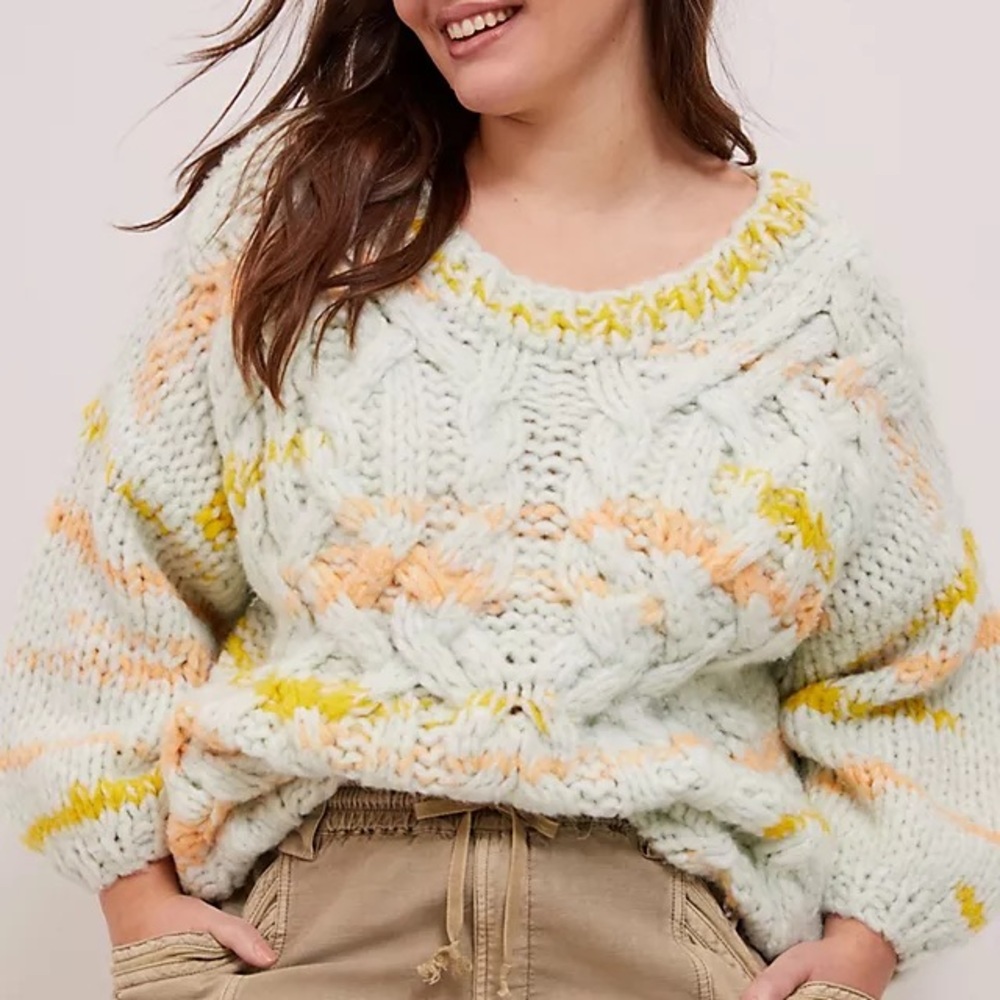 Anthropologie Cream Cable Knit Sweater with Yellow and Peach Accents